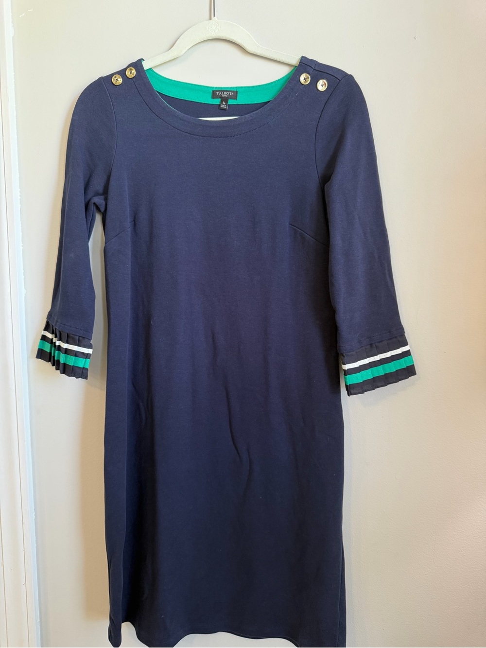 Talbots Small Petite Navy Knit Dress with Teal & White Stripe Cuffs